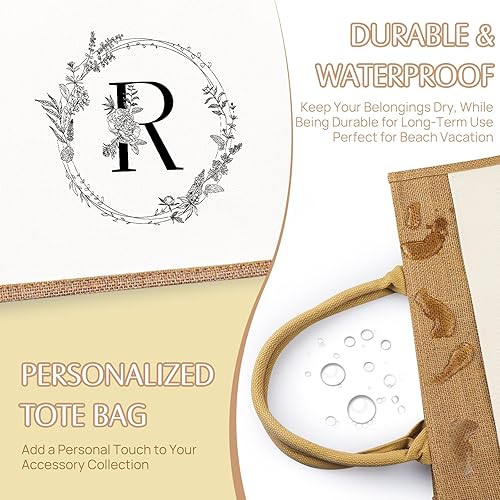 Miniatura 6 de JUSTOTRY Bolsa de mano con inicial, yute natural, grande, 13 onzas, personalizada, bolsa de lona con monograma, regalo para mujer