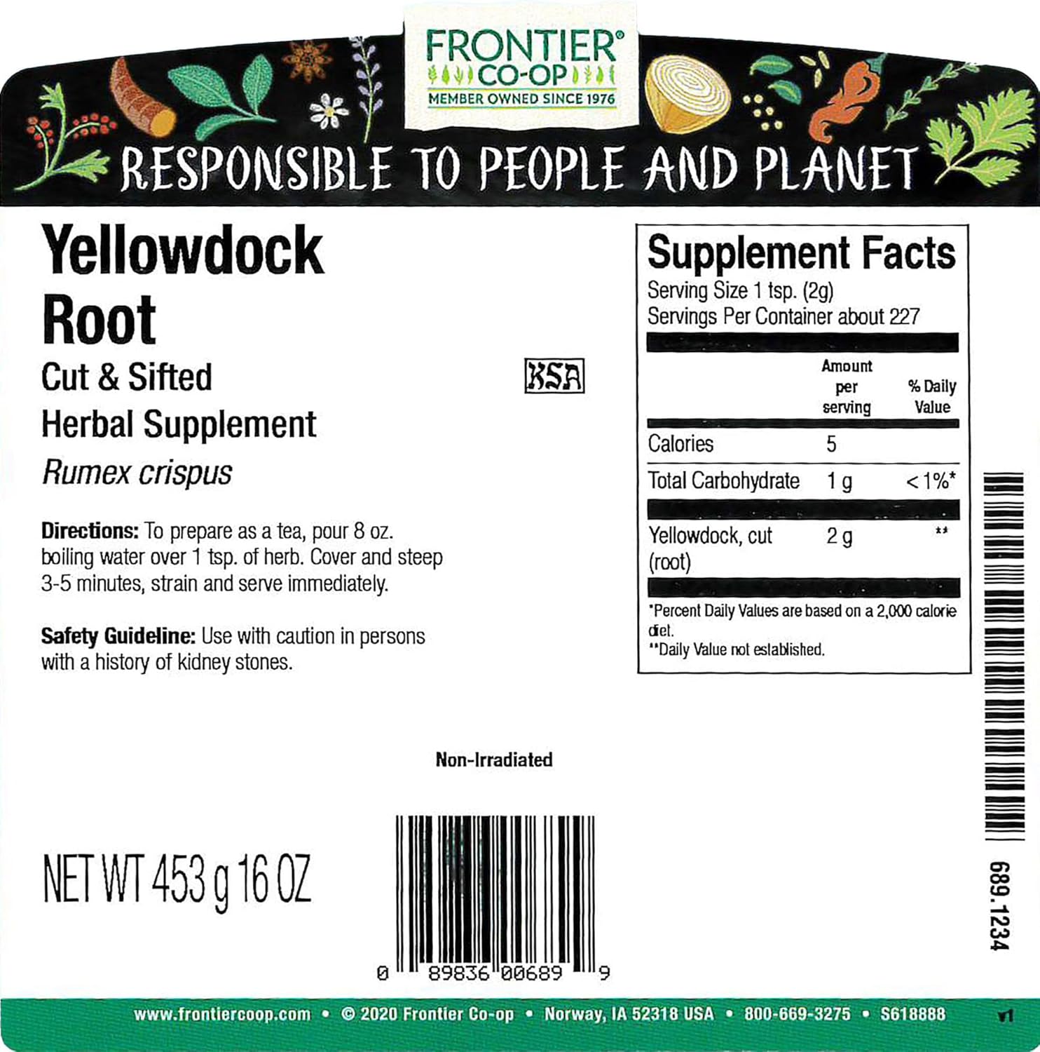 Frontier Co-op Cut and Sifted Wildcrafted Yellowdock Root, Rumex crispus, 1lb
