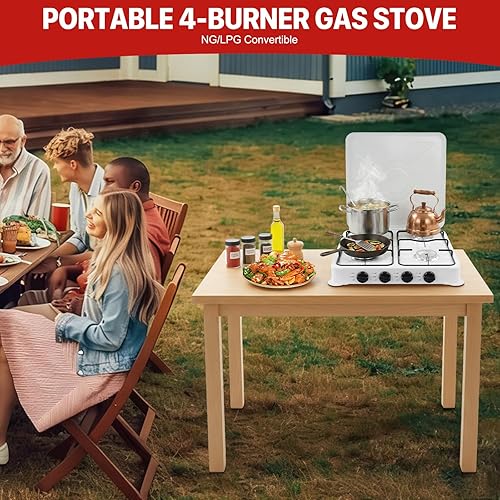 Miniatura 2 de Estufa de gas natural de 4 quemadores, estufa portátil para acampar con válvula reductora de presión y protectores contra el viento para RV,