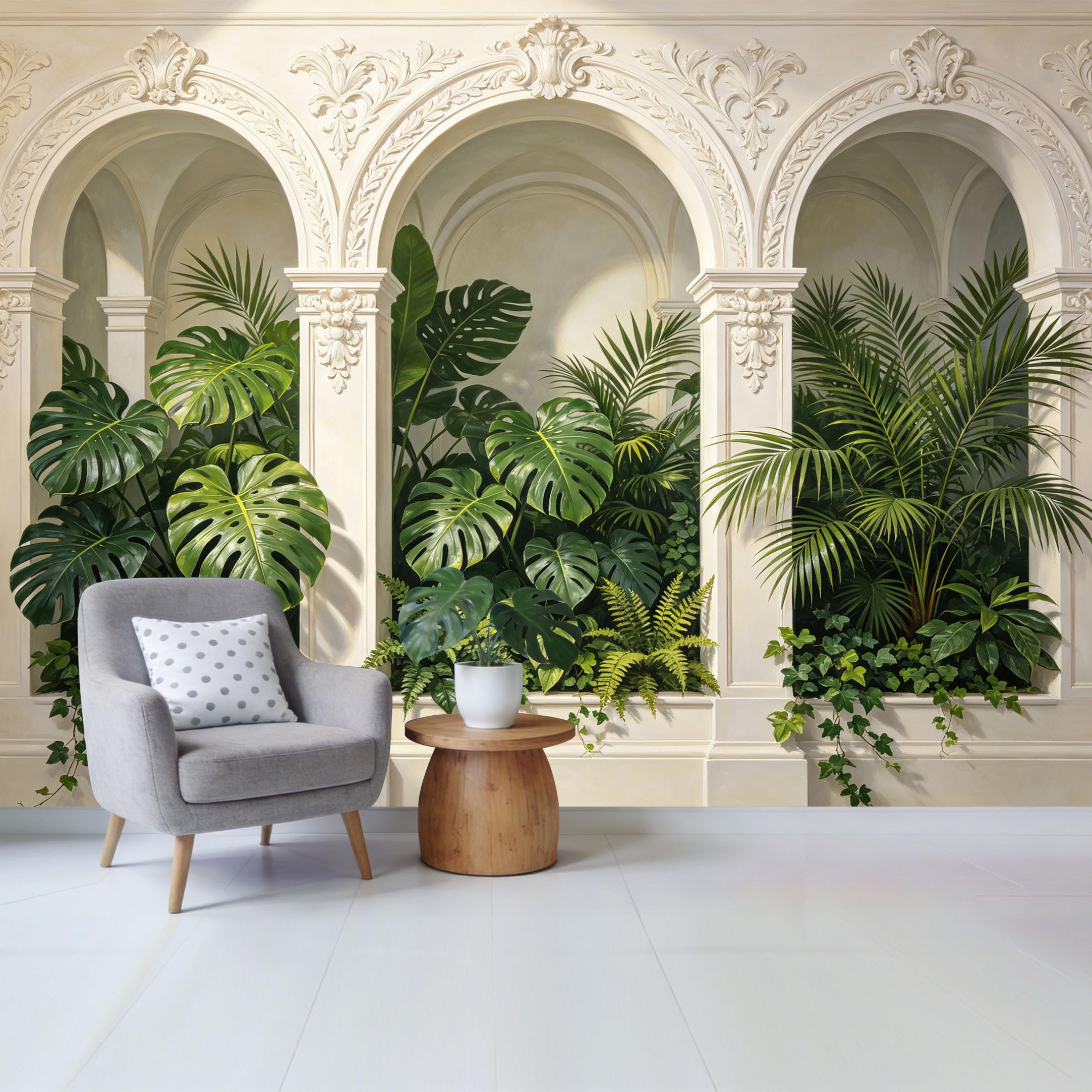 Custom Size Wall Mural Tropical Botanical Green Monstera Palm Arch Balcony Removable Self Adhesive Fabric Home Wall Decor for Living Room Bedroom Bathroom
