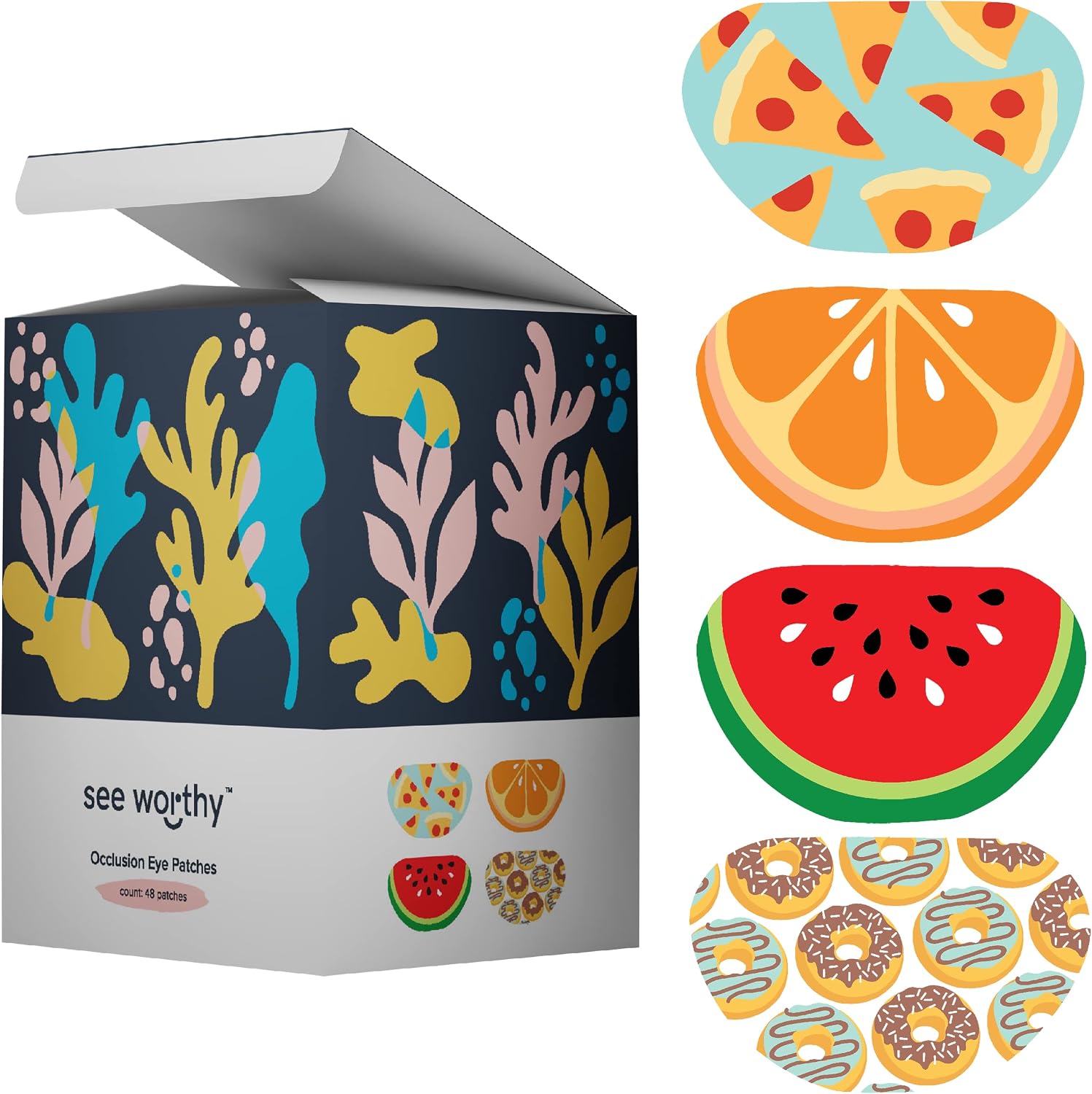 See Worthy Foodie Eye Patches - Innovative Design, Smart Adhesive Technology - Breathable & Comfortable Eyepatch for Lazy Eye - Soft Eye Patches, Concave Shape & Fun Designs (48 per Box)