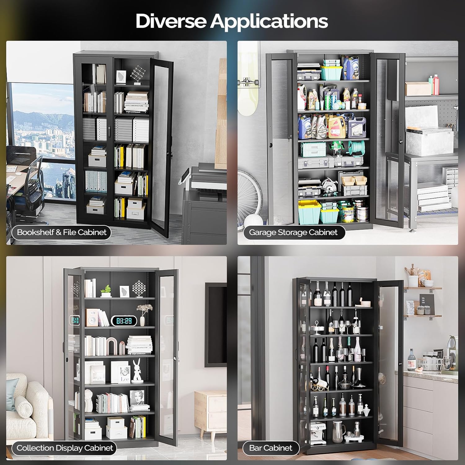 VINGLI Lockable Display Cabinet with Glass Doors & 5 Adjustable Shelves, 71" Tall Black Metal Storage Cabinet Curio Liquor, Bookshelf Bookcase for Home Office Living Room Pantry Garage