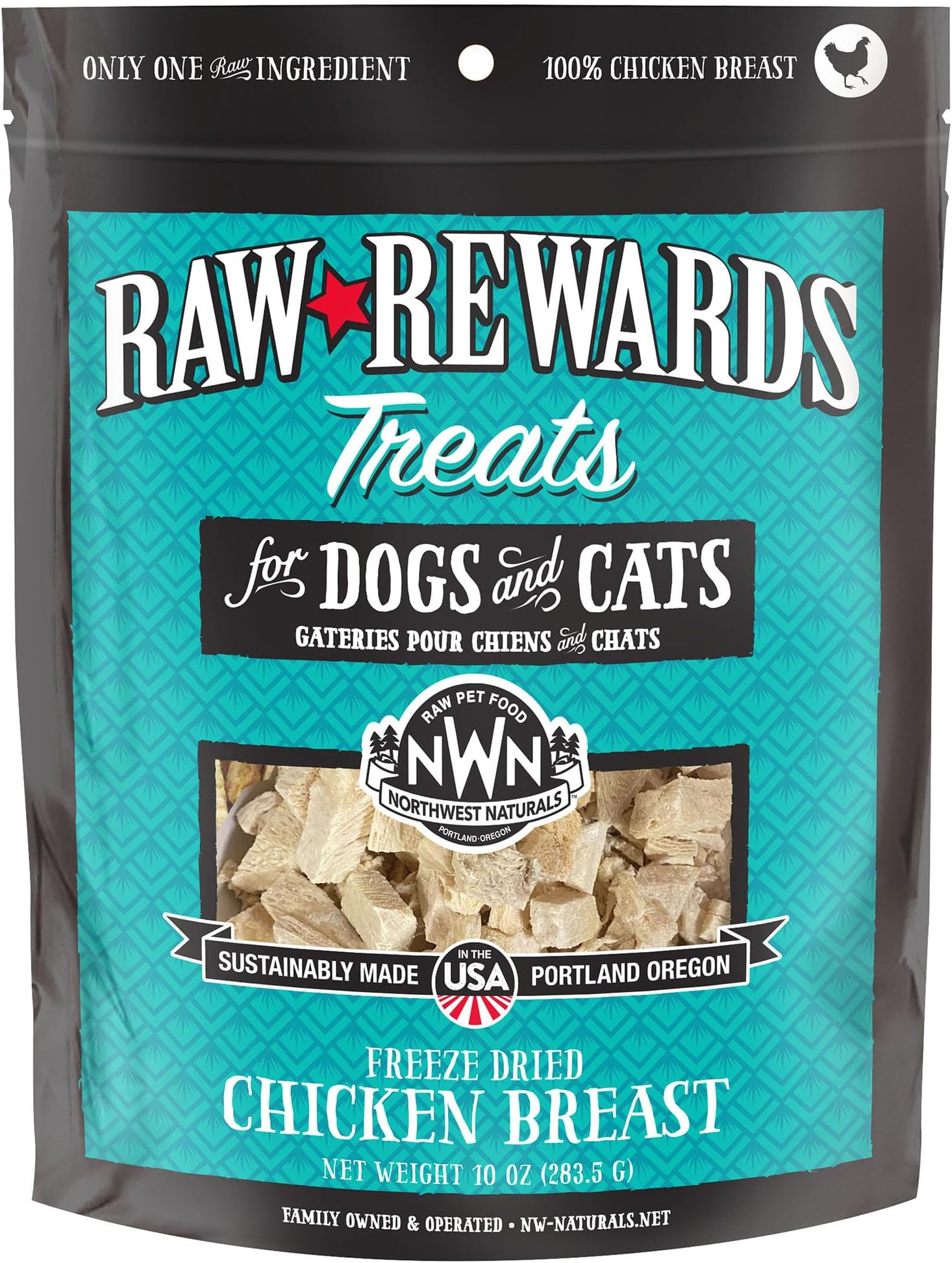 Raw Rewards Freeze-Dried Chicken Breast Treats for Dogs and Cats - Bite-Sized Pieces - Healthy, 1 Ingredient, Human Grade Pet Food, All Natural, Proudly Made in USA, 10 Oz