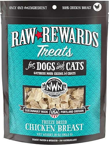 Northwest Naturals Raw Rewards Golosinas de pechuga de pollo liofilizadas para perros y gatos, piezas de tamaño de bocados, saludable, 1