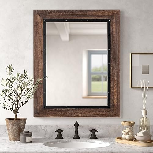 Miniatura 2 de YOSHOOT Espejo de pared con marco de madera rústica, espejo de tocador de baño de madera natural y hierro para decoración de granja, colgante
