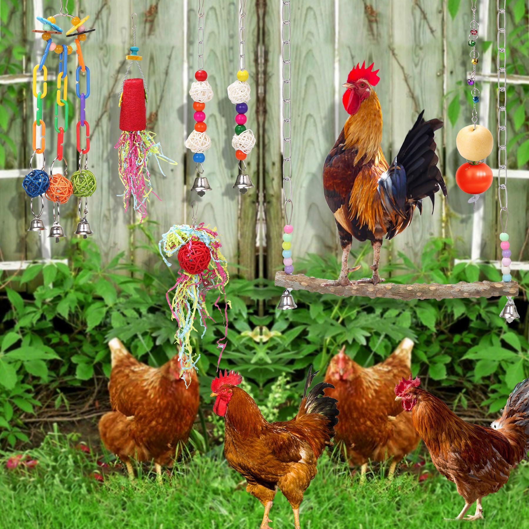 14 Juguetes de Pollo para Accesorios de gallinero – Columpio de Pollo de Cadena más Larga, Juguetes de Pollo para gallinas en el gallinero, Perca de Pollo, Juguete de Espejo de Pollo con