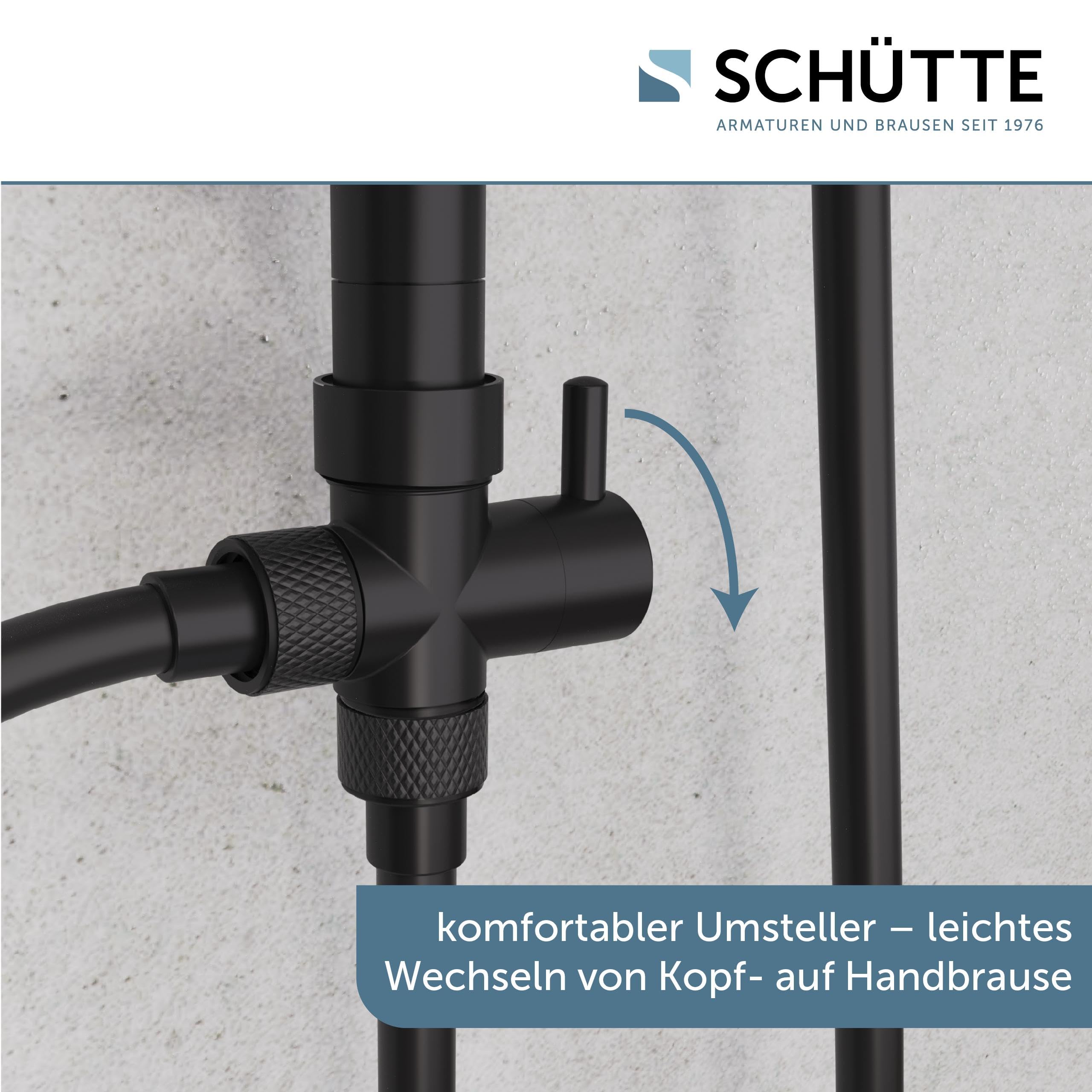 Schütte Duschset MALLORCA Duschsäule mit großer Regendusche Handbrause mit 3 Strahlarten Duschsystem ohne Armatur Schwarz Matt | 3 Strahlarten Duschsystem ohne Armatur Schwarz Matt