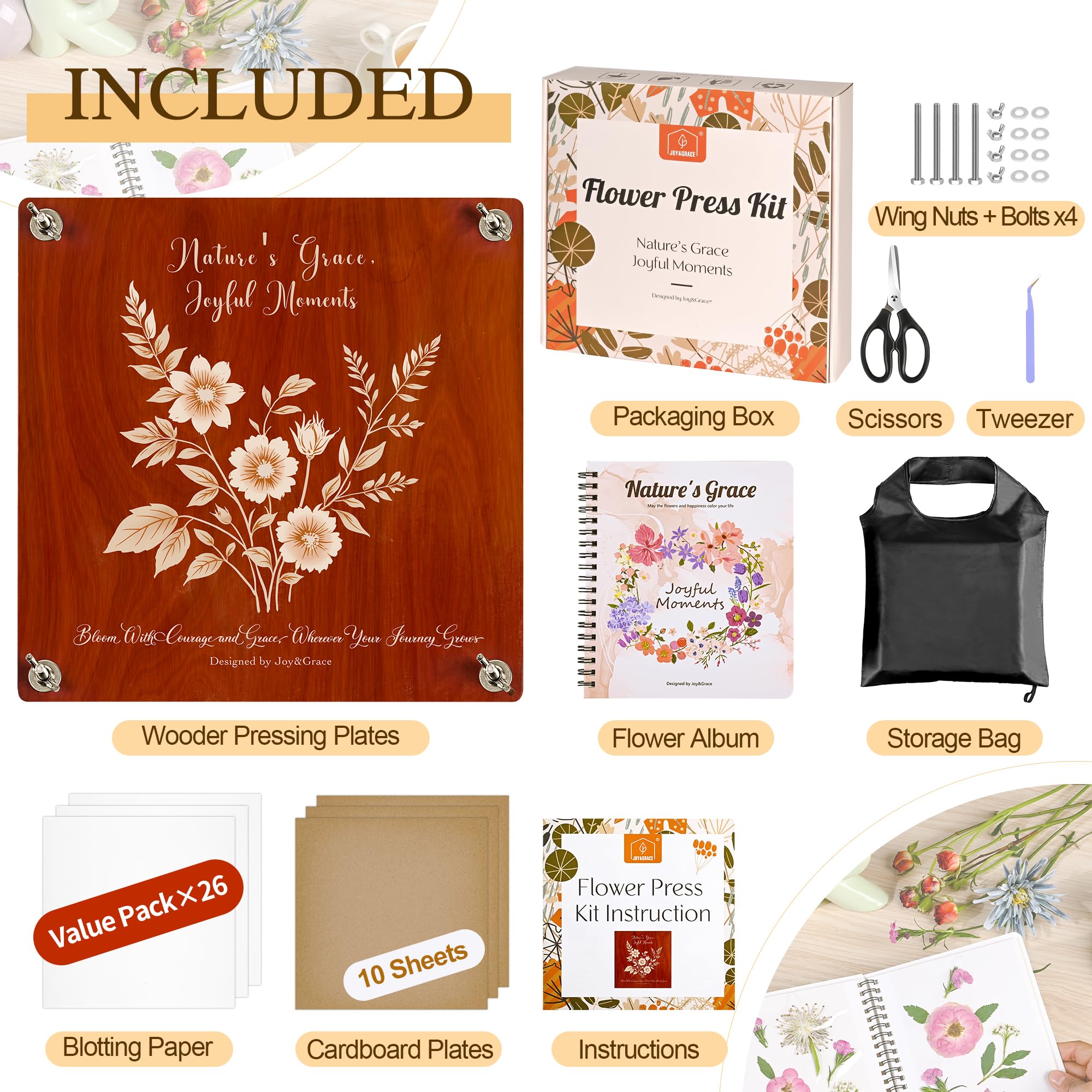 Kit de presse à fleurs Joy&Grace 27,7 x 27,7 cm 10 couches avec album photo DIY acajou