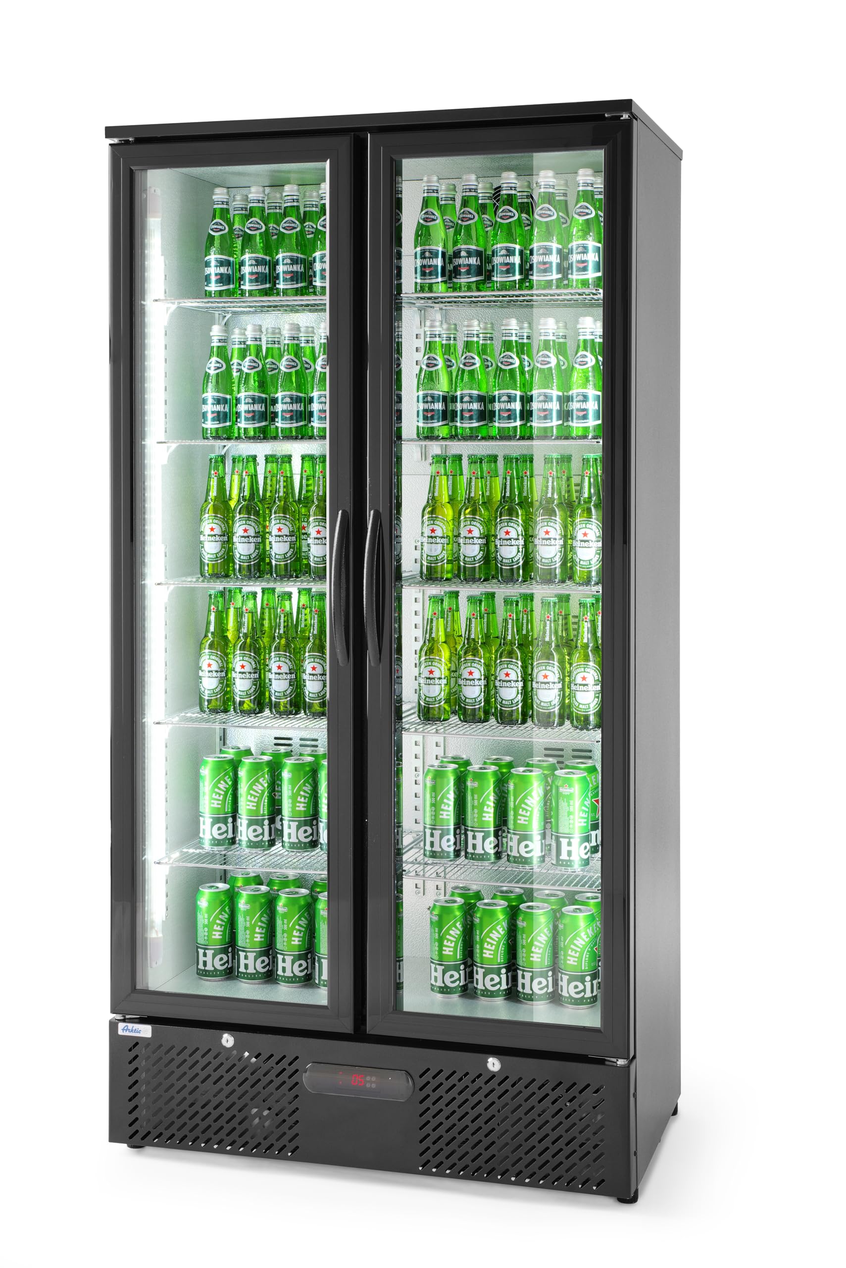 HENDI Refrigerador para bebidas Arktic, botellero vertical de bar, 2 puertas, 384L, 0–10°C, 220V, 365W, 900x530x(H) 1820mm, acero con recubrimiento en polvo negro