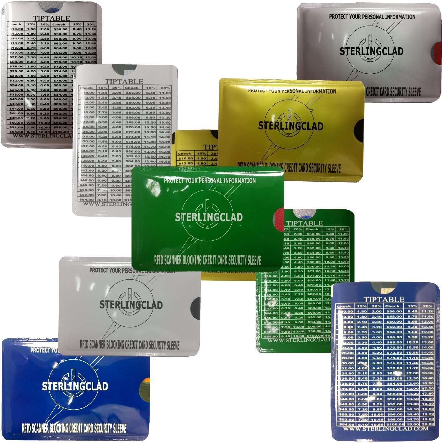 Probably the Best Stocking Stuffer You Can Buy , RFID Blocking Chip credit Protector Sleeves with TipTable- -Organized 5 colors -Each Metallic sleeve holds and protects 2 cards and 5 bills.
