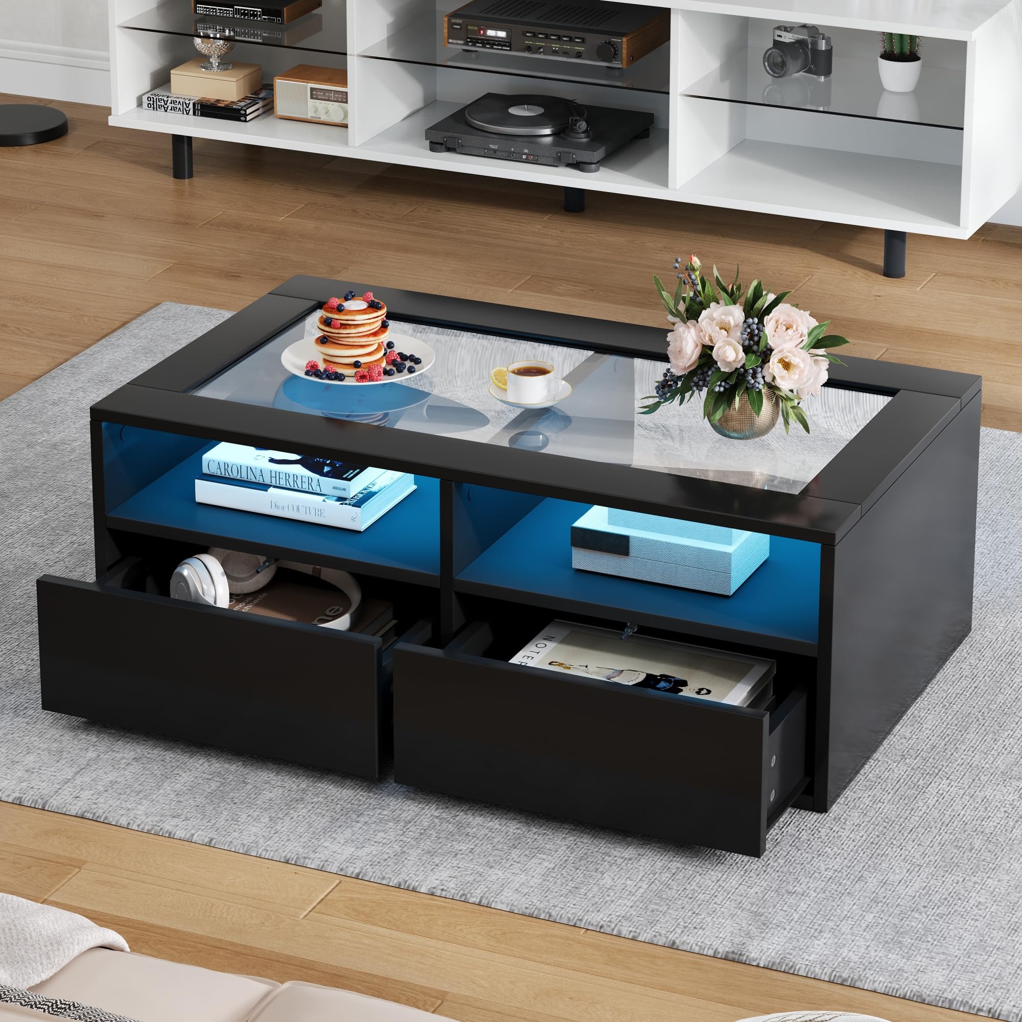 BTM Table Basse 100x50x35 cm LED, 2 Tiroirs Plateau Verre Double Couche, Rangement Ouvert Salon Noir