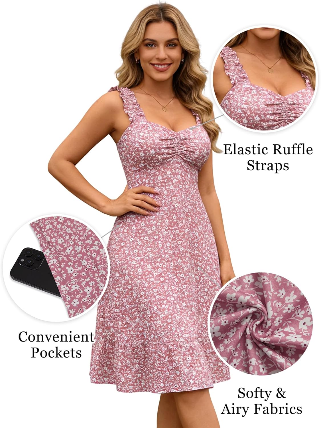 GUBERRY Womens Summer Midi Dress 2026 Elastic Straps Sweetheart Neck Cute Floral Flowy A-line Sundresses for Women