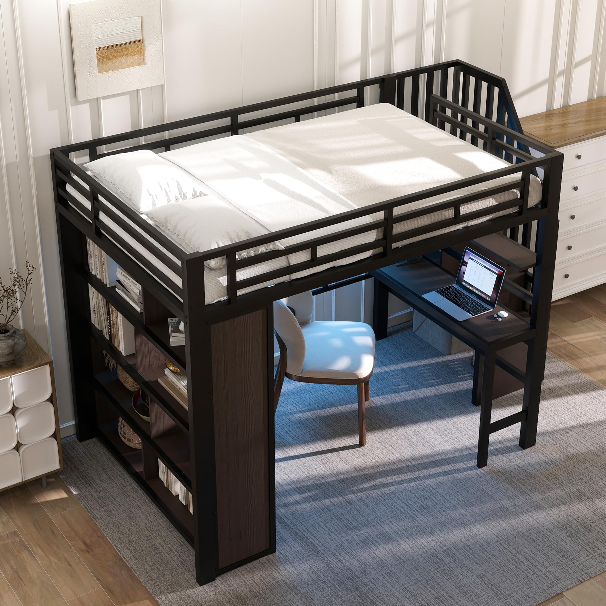 Lit Mezzanine 140x200 cm, avec Bureau, Étagères de Rangement, Escalier avec espace de rangement – Structure en Métal et Panneaux MDF – Gain de Place pour Chambre d'Enfant, Ado ou Étudiant, Noir
