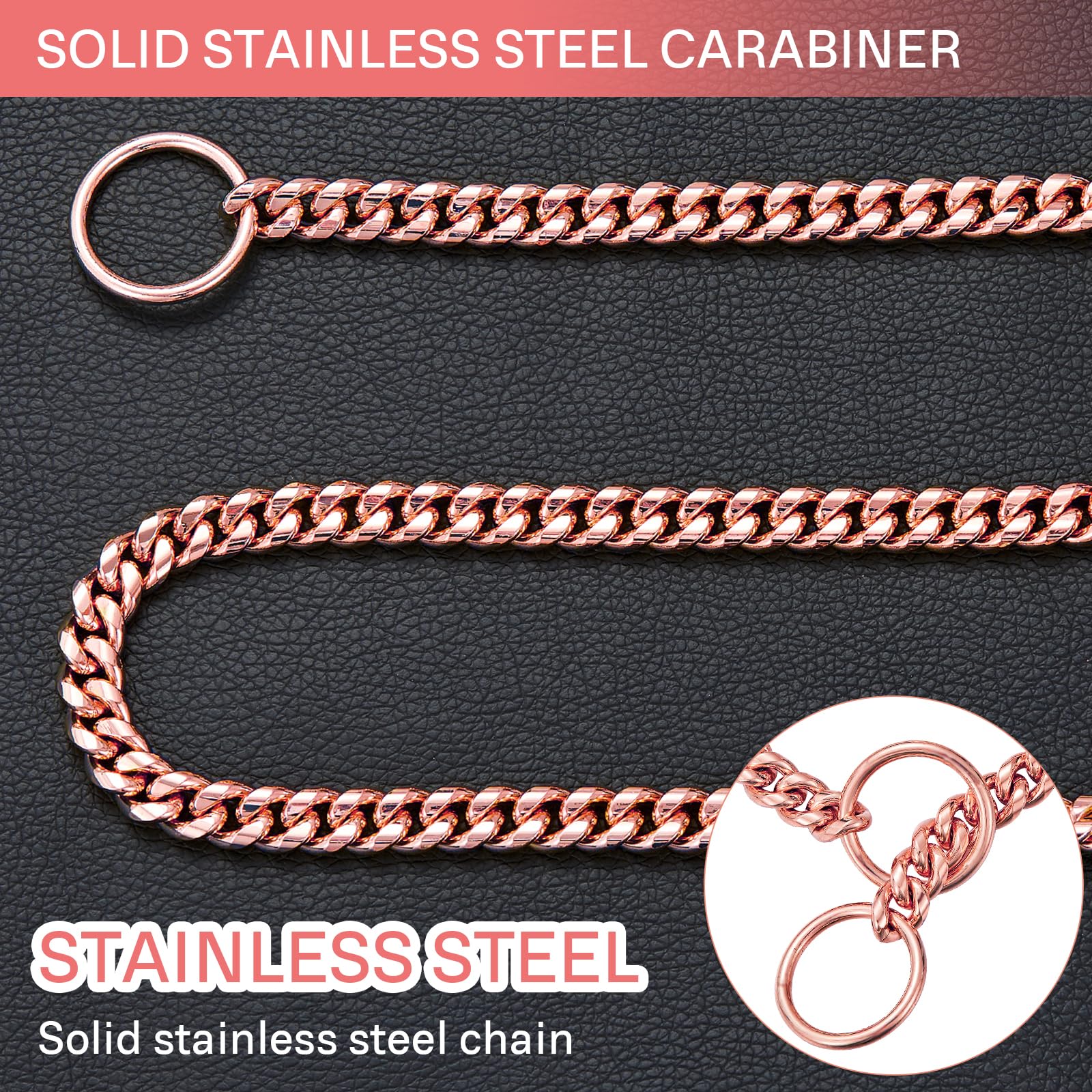 AIYIDI Rose Gold Stainless Steel Dog Leash - Heavy Duty 5FT Chain With Leather Handle For Large Medium Small Dogs