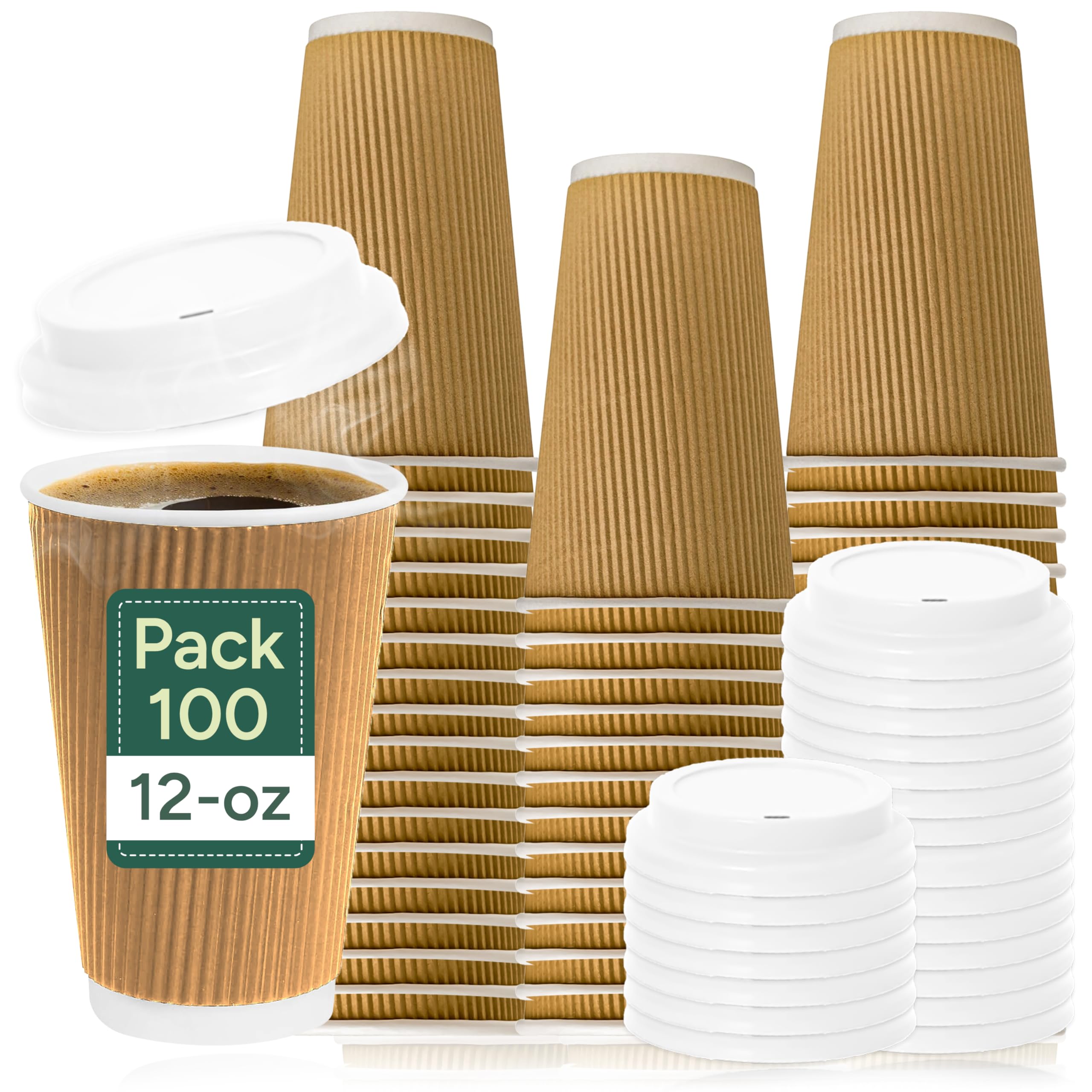 Zuvo Brown - 100 X 12Oz Disposable Coffee Cups With Lids | Triple Wall Ripple Kraft Paper | Insulated To-Go | Durable, Leakproof Takeaway For Hot & Cold Drinks