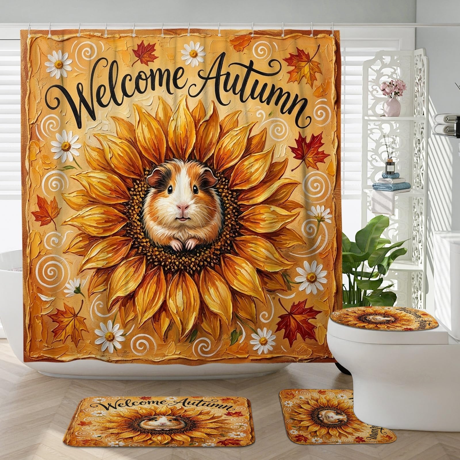 Rideau de douche motif automne avec tapis de bain pour salle de bain