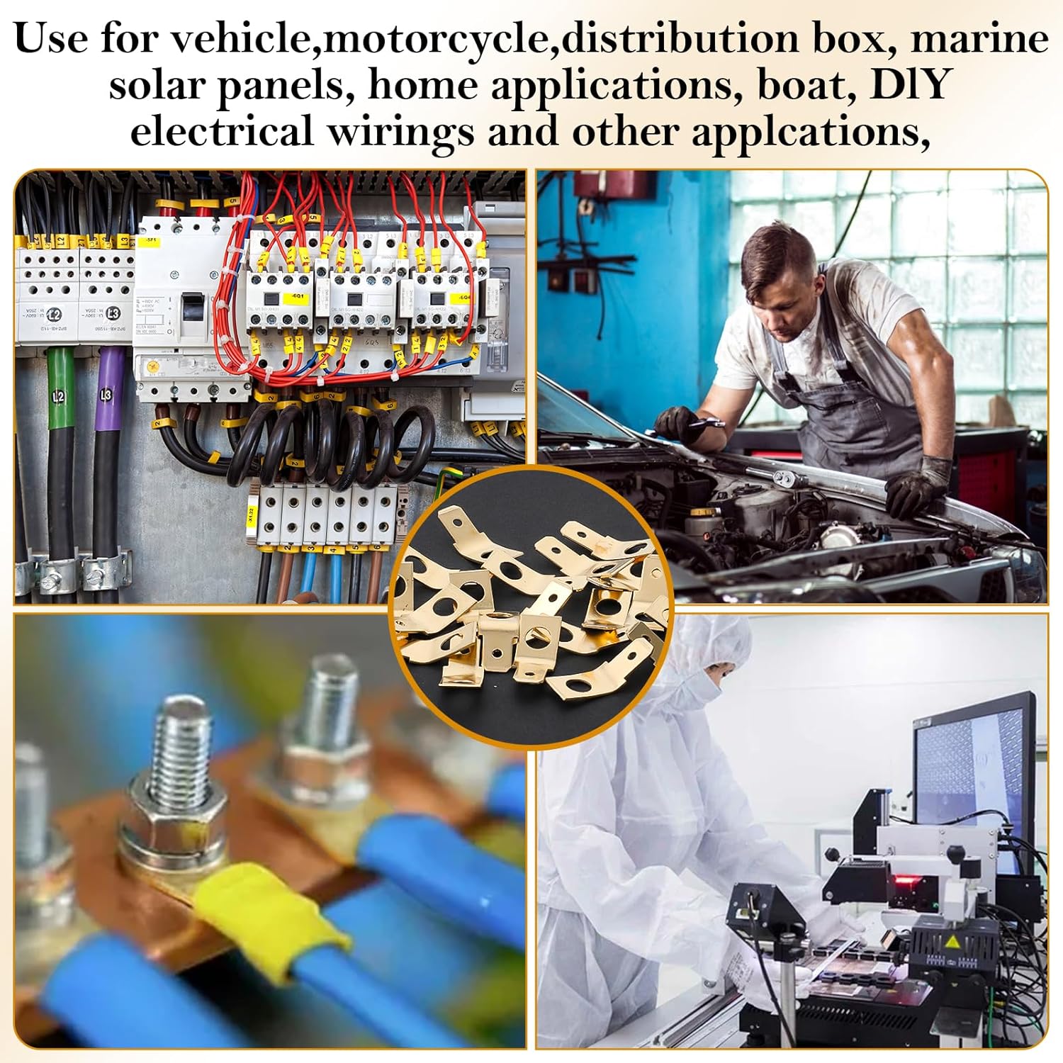 25 Pcs Solderless Quick Disconnect Connectors Spade Adapters Non Insulated Wire Connectors 1/4" Male Tab, 10 Stud Brass Copper Wire Adapters Terminal Connector Ring Crimp Electrical Supply