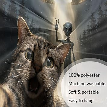 JAWO Funny Cat Selfie Tapestry, UFO Alien Forest Wall Hanging,30X40Inches