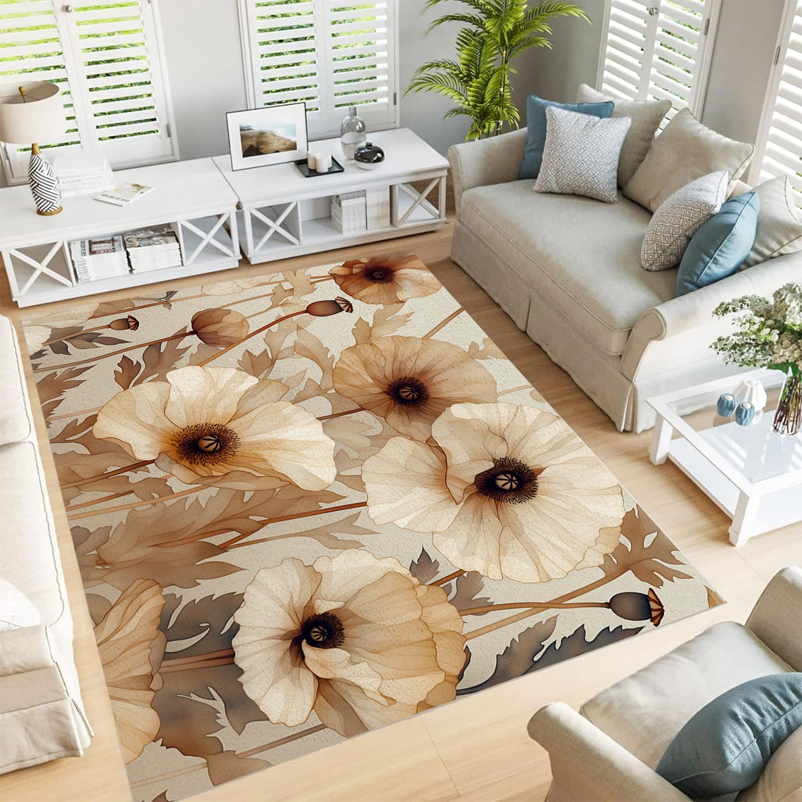 Grand tapis de salon lavable 240x300cm au style de fleur de pavot vintage