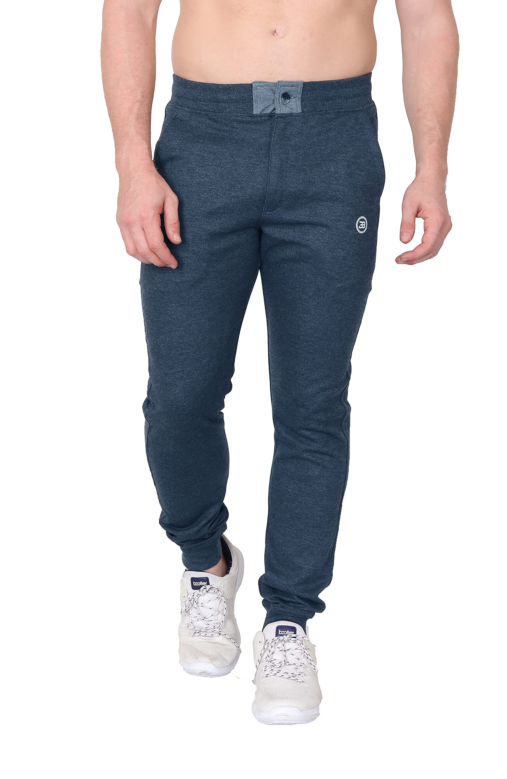Big Button Męskie spodnie dresowe z bawełny slim fit - otwarty guzik z przodu, uchwyt na kostkę, bawełniana dzianina