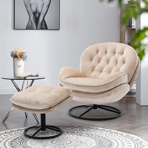 HomSof Silla giratoria de terciopelo con juego otomano diván moderno con reposapiés sillón cómodo con patas de metal tamaño único gris liso