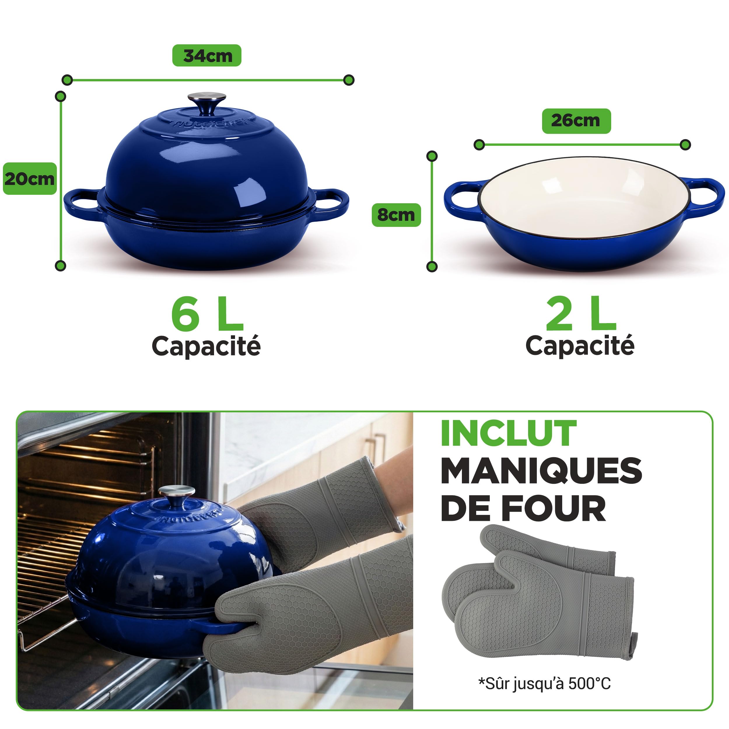 NutriChef Four à Pain en Fonte Émaillée avec Couvercle Dôme – Cocotte Dutch Oven 26 cm pour Pain au Levain, Pain Artisanal, Ragoût, Cuisson Vapeur, Four 260 °C, Compatible Induction, Gants Silicone