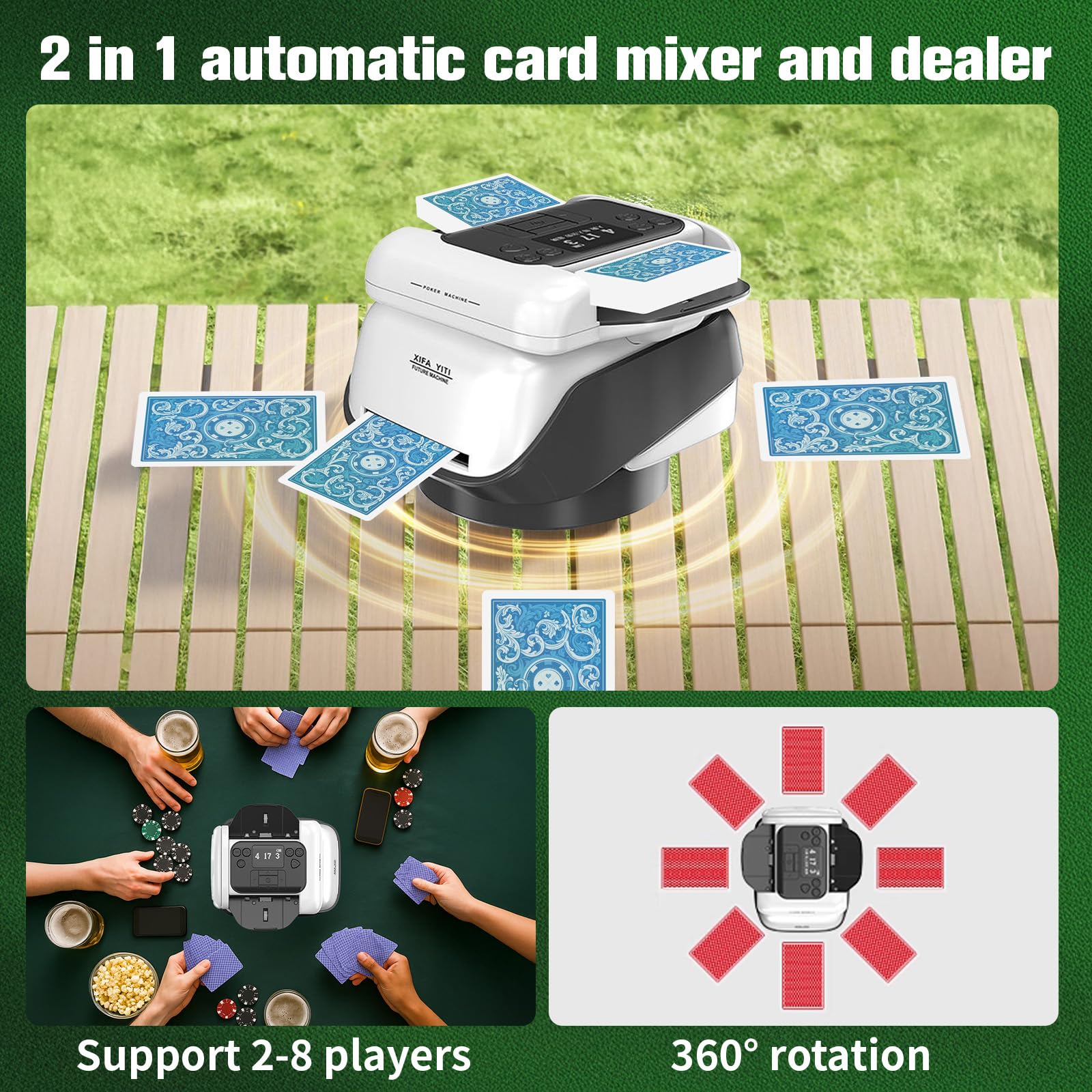 Mélangeur de cartes automatique 2 en 1 - 360 ° - Mélangeur de cartes électrique - Convient pour 1 à 8 joueurs pour cartes UNO, Poker, Monopoly, Blackjack et Maverick