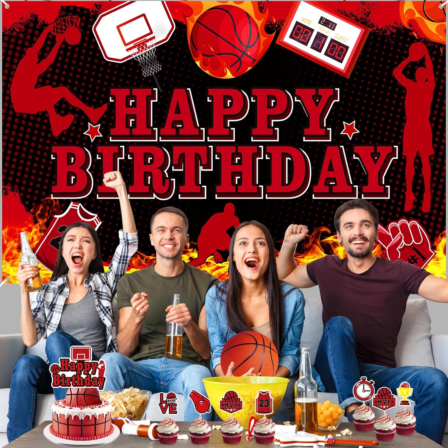 Basketball Party Decorations 51Pcs Black Red Basketball Happy Birthday Banner Balloons Cake Topper Cupcake Toppers Hanging Swirls Kit for Boys Kids Teens Sport Theme Basketball Birthday Party Supplies