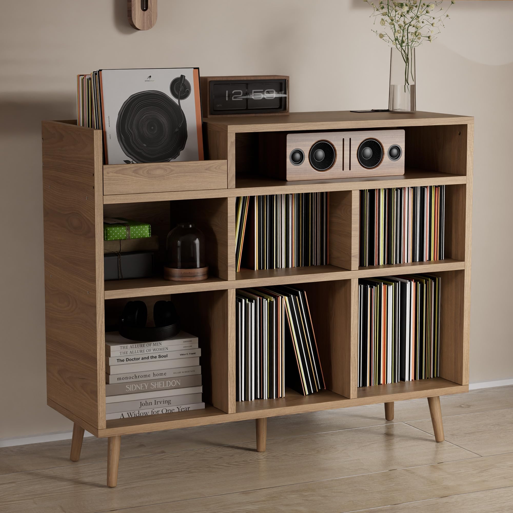 Record Player Stand, Turntable Shelf with Vinyl Storage up to 500 Albums, Vinyl Record Holder Shelf with Power Outlet Sideboard Buffet Cabinet with Storage Accent Cabinets for Living Room (Brown)