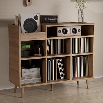 Record Player Stand, Turntable Shelf with Vinyl Storage up to 500 Albums, Vinyl Record Holder Shelf with Power Outlet Sideboard Buffet Cabinet with Storage Accent Cabinets for Living Room Brown