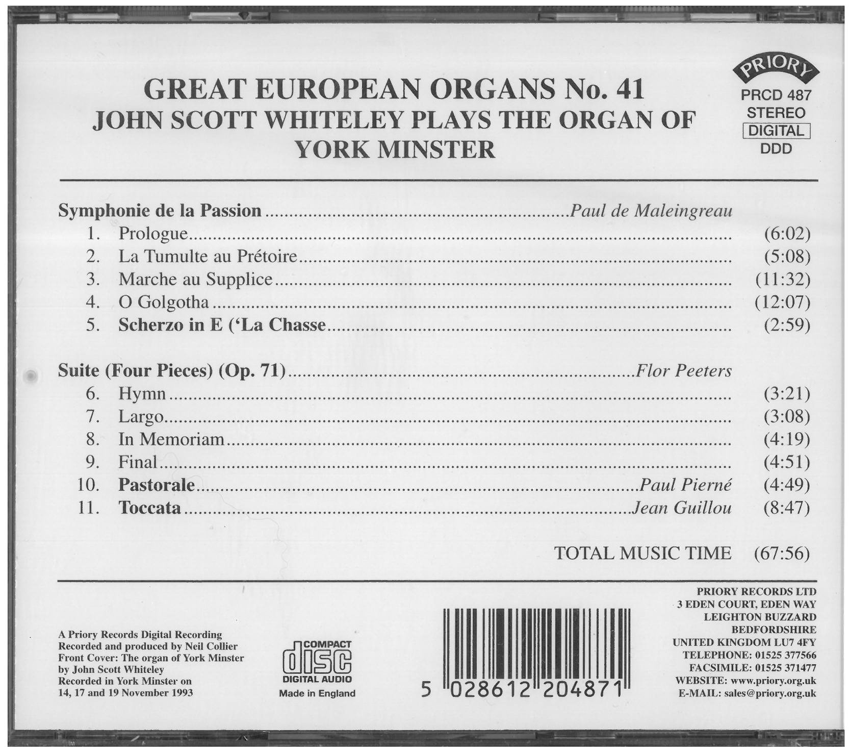 John Scott Whiteley Great European Organs No. 41: York Minster CD New 5028612204