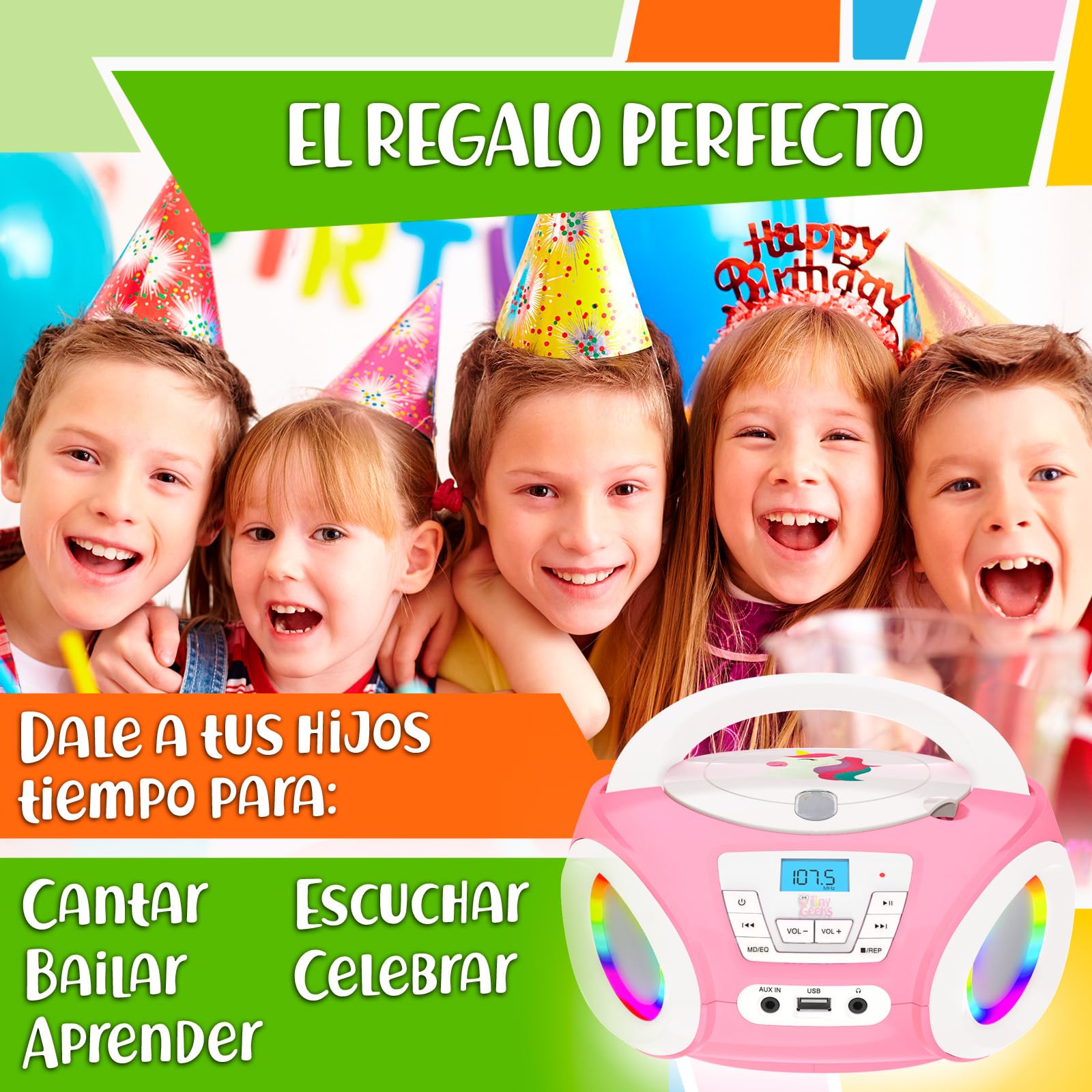 Tinygeeks Tunes Reproductor de CD para niños - Nuevo - Radio FM y baterías Incluidas - Radio CD con Altavoces, USB, AUX - El Regalo Ideal para niños y niñas - Rosa