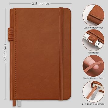 RETTACY Pocket Journal Notebook, 2-Pack, 160 Numbered Lined Pages per Pack, A6 Mini Small Size (3.5 5.5), for Work, Journaling, Leather Hardcover, 100 GSM Thick Paper (Black & Brown)