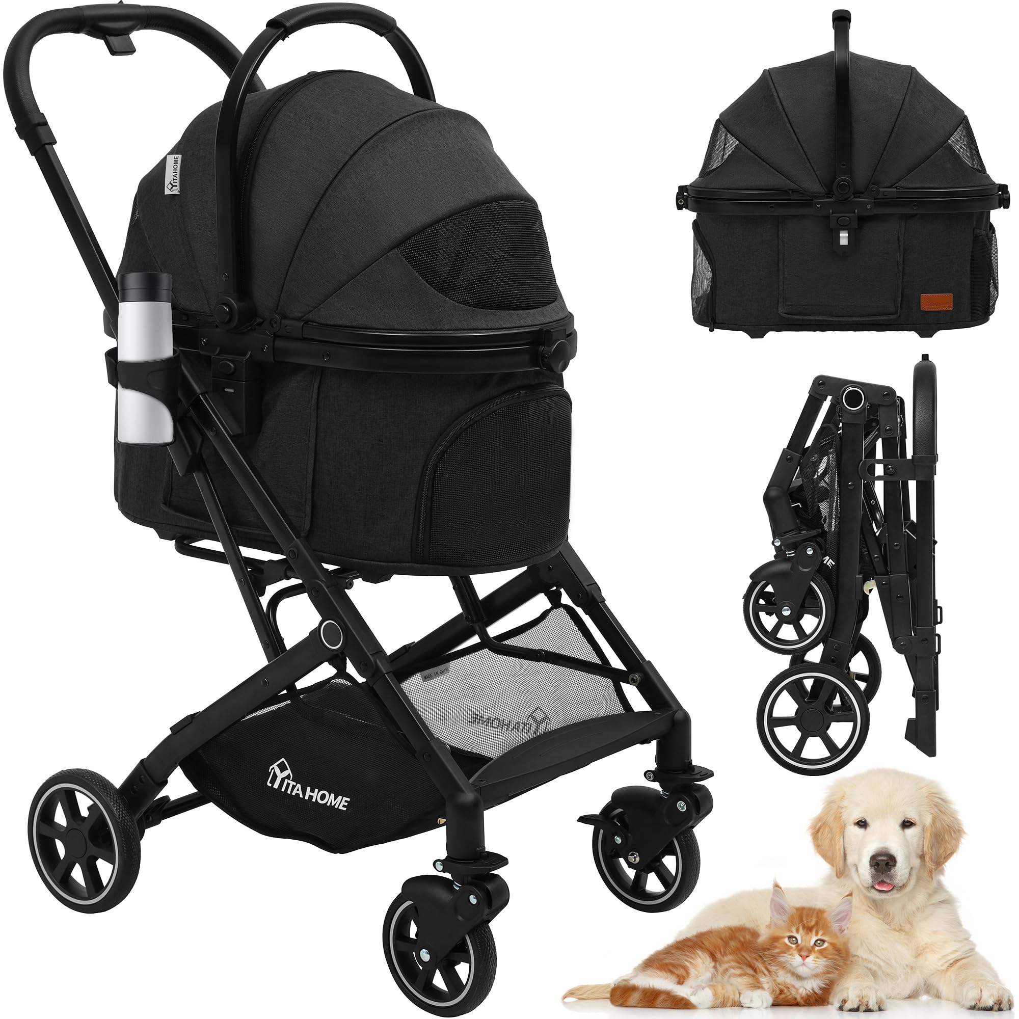 YITAHOME Carro Perro 3 en 1, Carrito para Perros, Cochecito de Viaje para Perros Gatos Mascotas, con Asiento de Coche Desmontable, Plegable Carro para Perros, Portátil Cochecito Perro (Negro)
