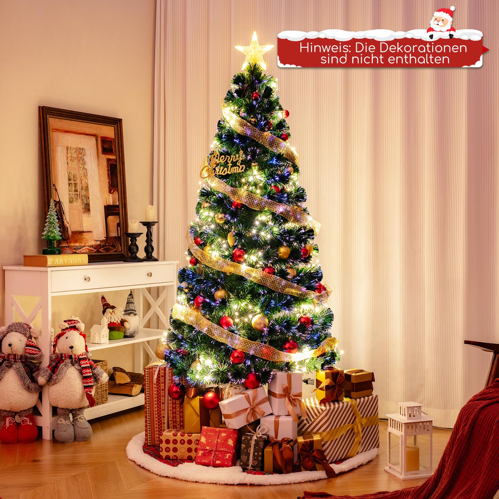 COSTWAY Künstlicher Weihnachtsbaum mit Beleuchtung, 180 cm Tannenbaum aus Glasfaser mit 36 warmweißen LED-Lichtern & 230 Zweigspitzen, Christbaum Kunstbaum beleuchtet mit Sternspitze für Zuhause Büro