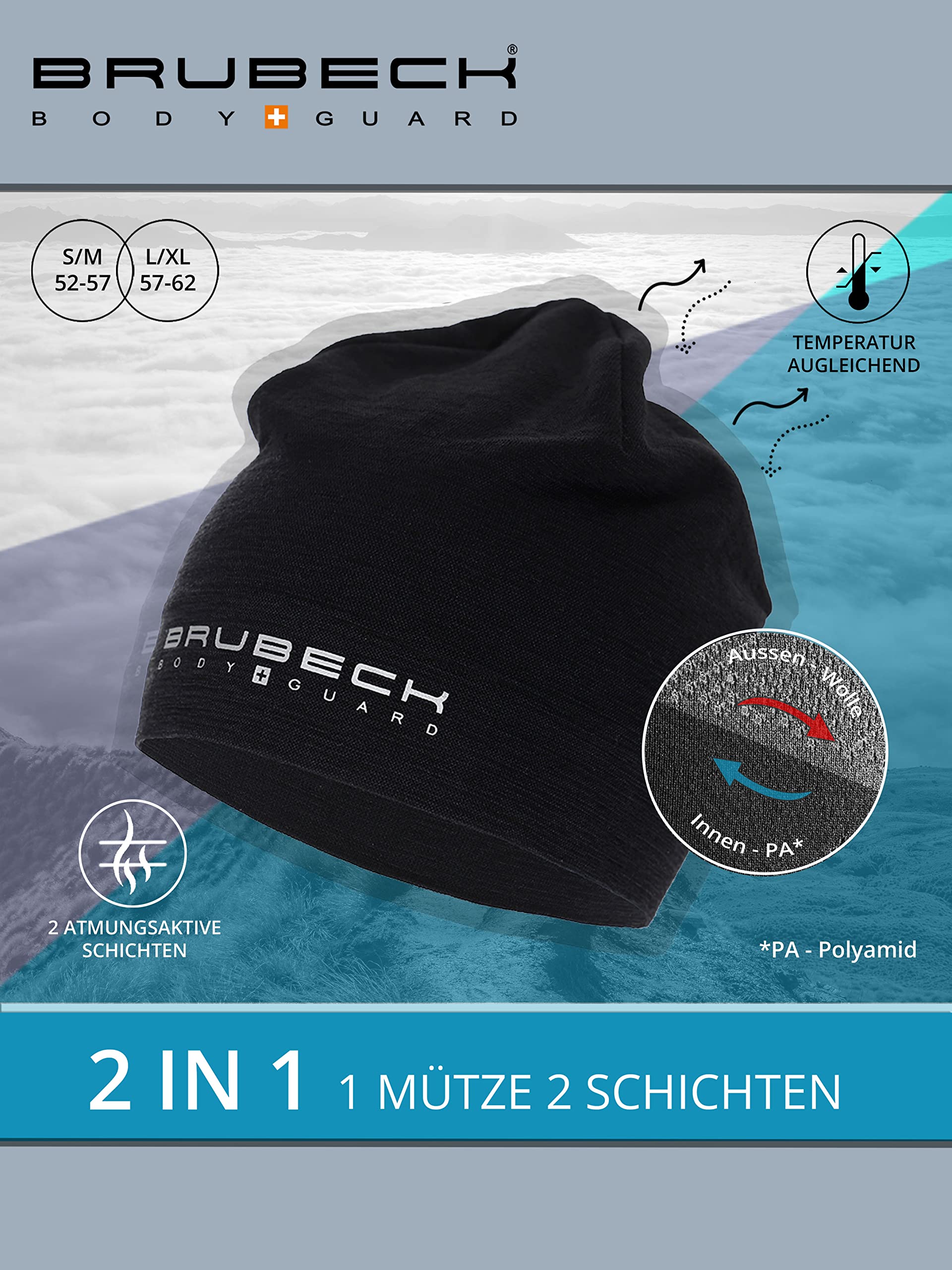 BRUBECK Bonnet Homme Hiver Femme Running sous Casque Vélo Ski Chaud Respirant - 48% Laine Mérinos