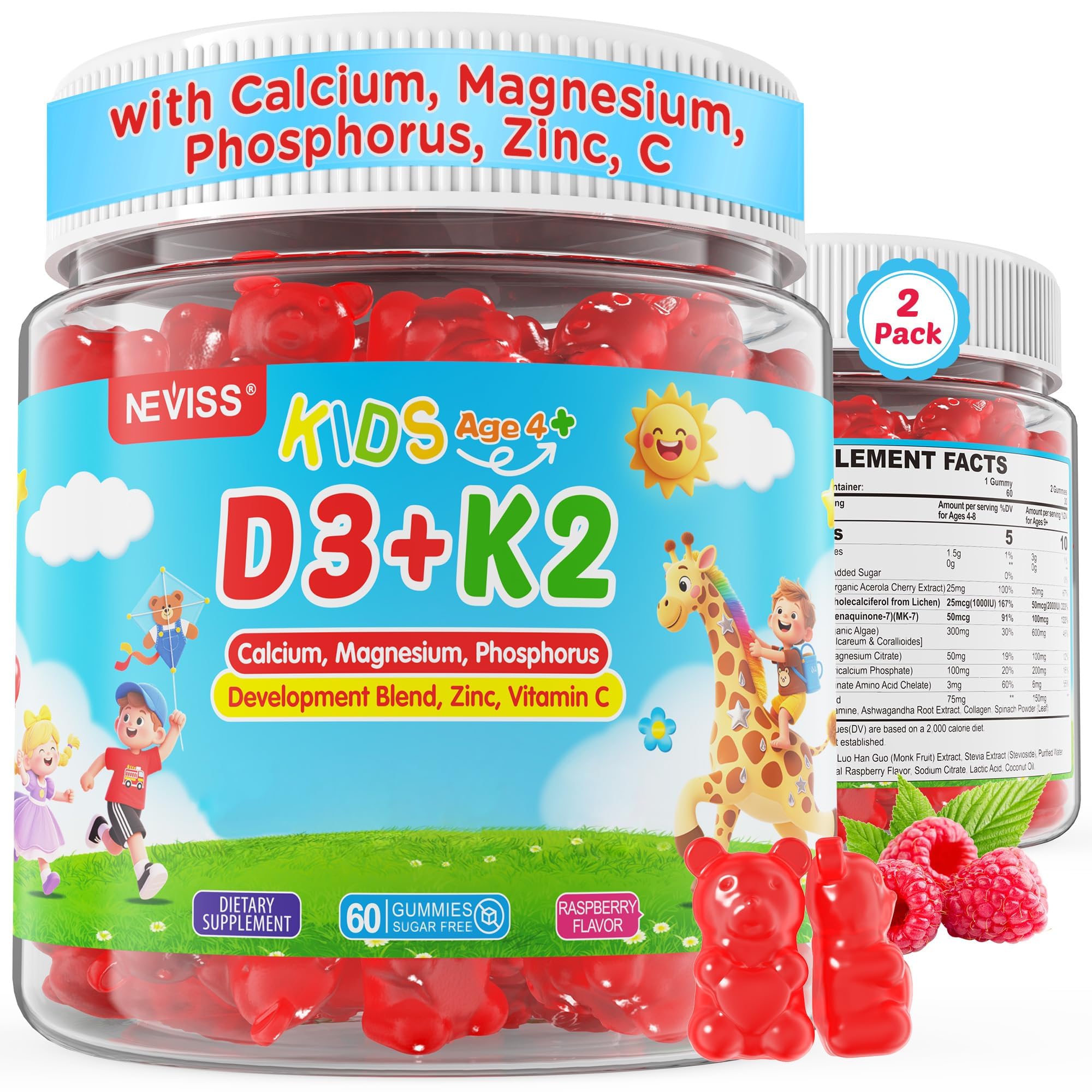 Kids Vitamin D3 K2 Gummies + Calcium & Magnesium, Phosphorus, ZInc, 2 Pack 60 Count (Pack of 2)