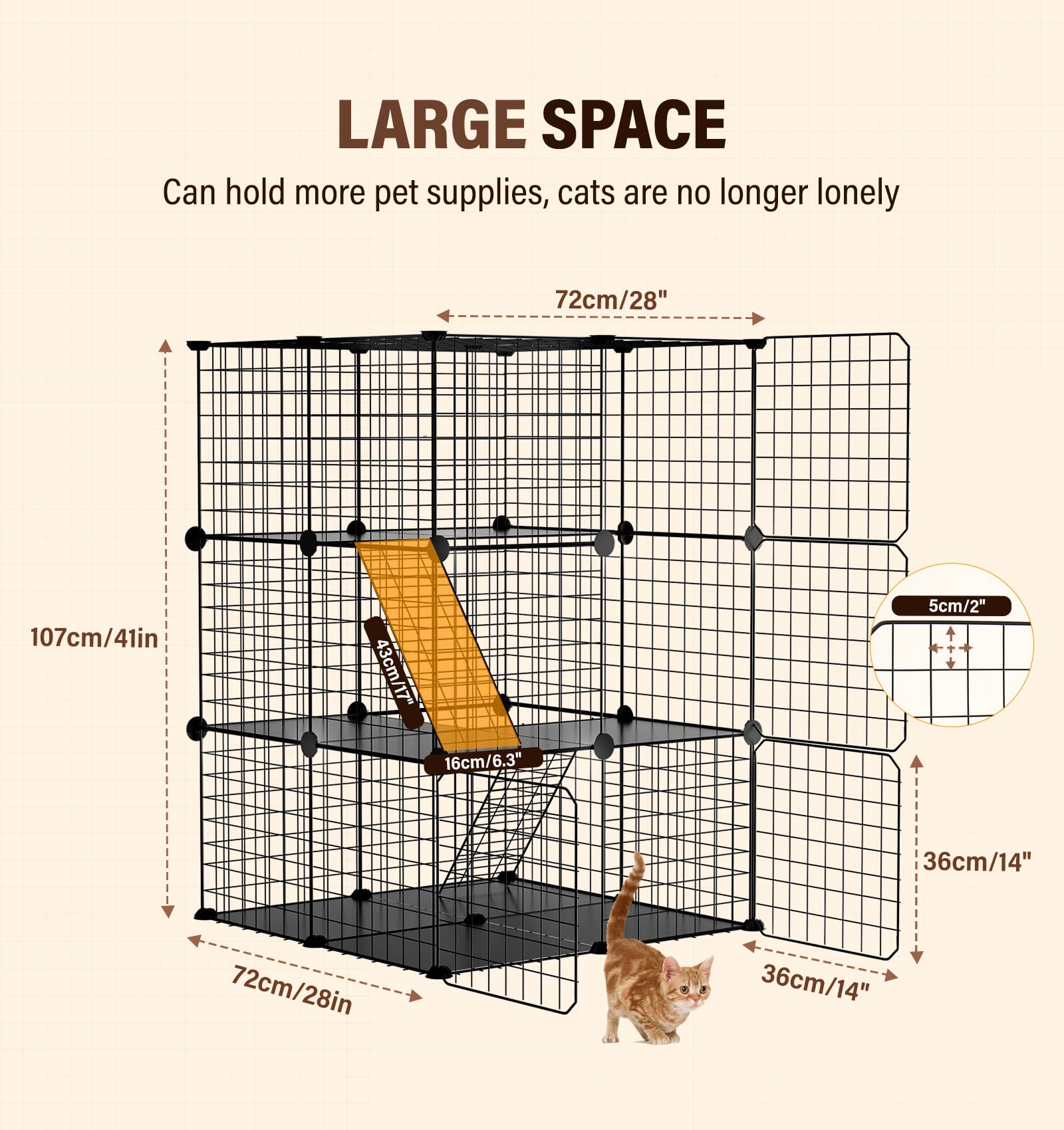 The Fellie Jaula para gatos para interiores, caja de parque de juegos de 3 niveles, jaula para gatos, corralito desmontable de alambre de metal, lugar de ejercicio grande ideal para 1-2 gatos,