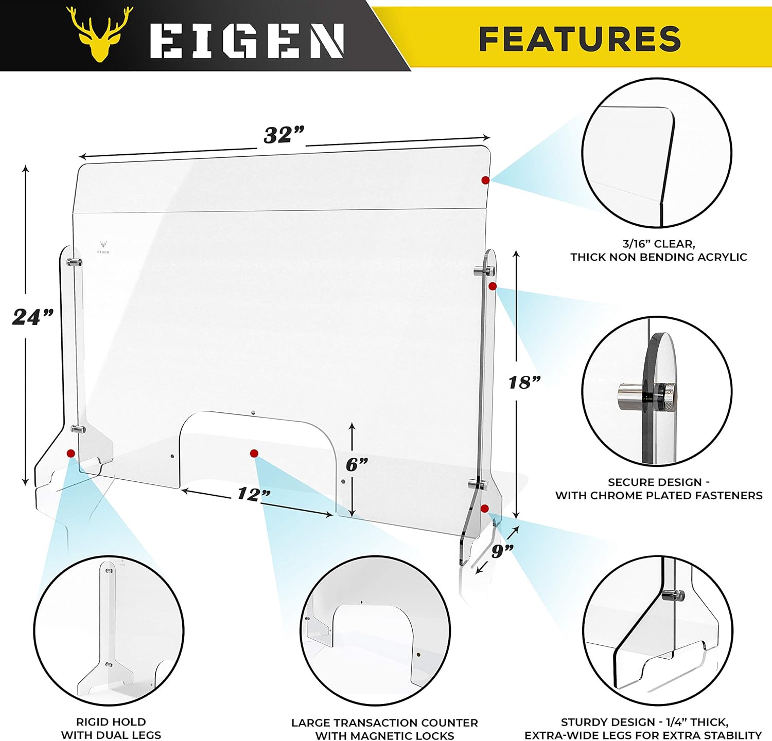 EIGEN Sneeze Guard for Counter - 32" X 24" Plexiglass Shield for Desk, Protective Plexiglass Barrier for Counter, Office Desk, Cashier Checkout Counter, Office Furniture Partitions : Office Products