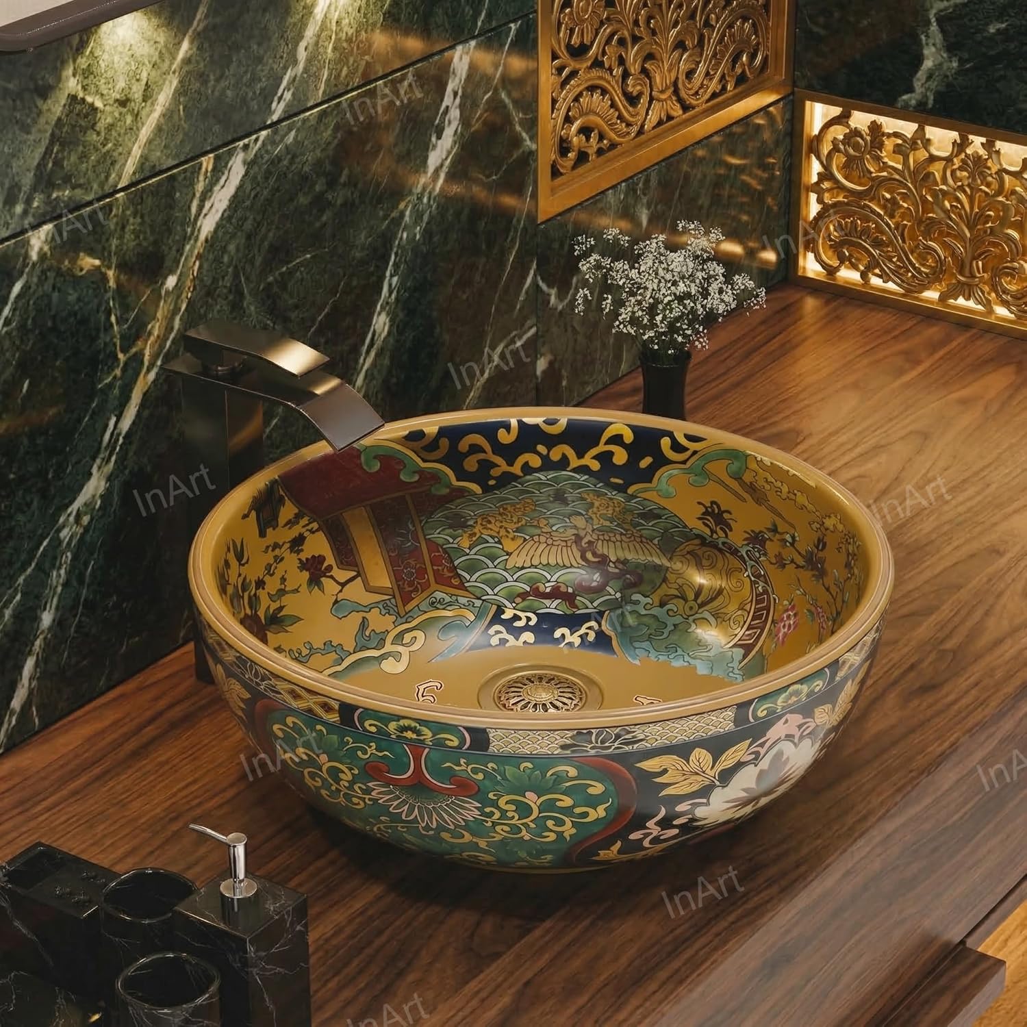 InArt Moroccan Pattern Ceramic Round Vessel Sink Bowl, Multicolor Countertop Bathroom Basin, Glossy Easy-Clean Designer Washbowl, 16.5 x 16.5 x 5.5 in