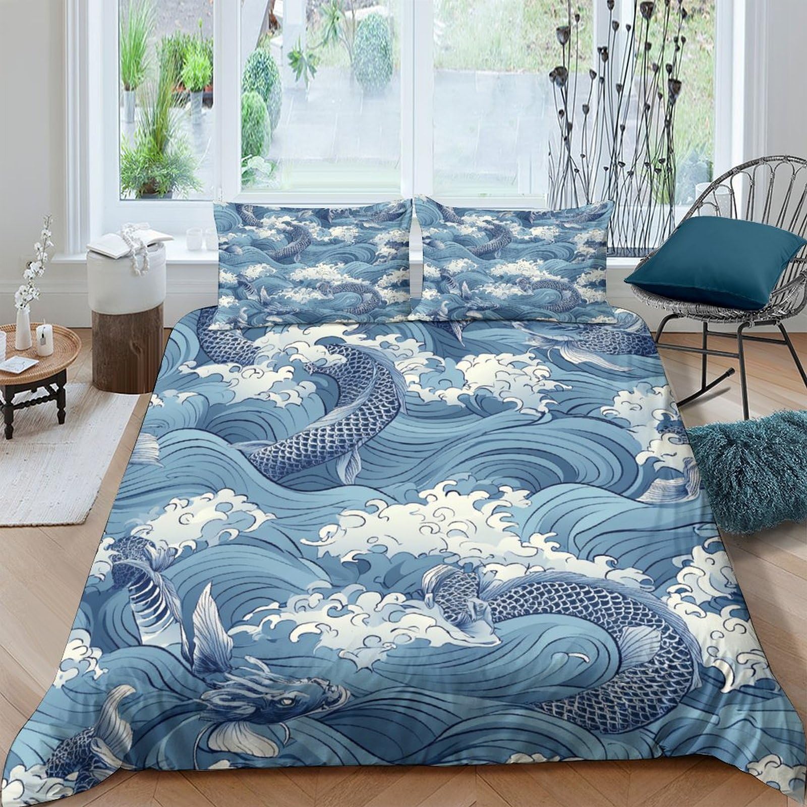 Ctjqhvkz Style-10 3D Printed Japanese Wave Fitted Sheet Microfiber Soft Blue Ocean Mattress Cover For Bedroom Guestroom Decor Protection Single（135X200cm）