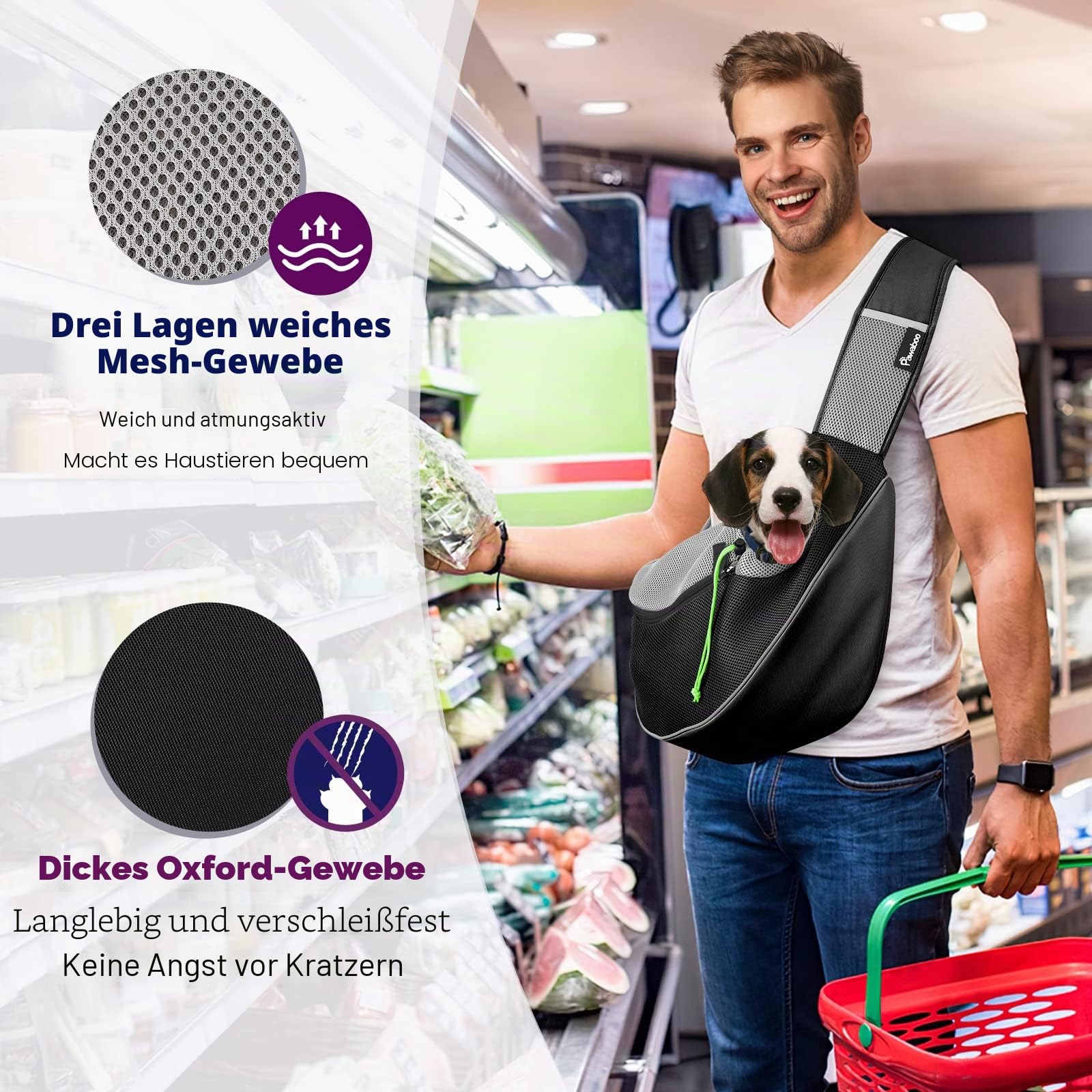 Pawaboo Hundetragetasche, Hundetasche, Verstellbare Tragetasche Hund, Haustier Umhängetasche Transporttasche für Haustiere, Hunde Tragetaschen Tragetücher für Spaziergang Outdoor Reisen - XL, Schwarz