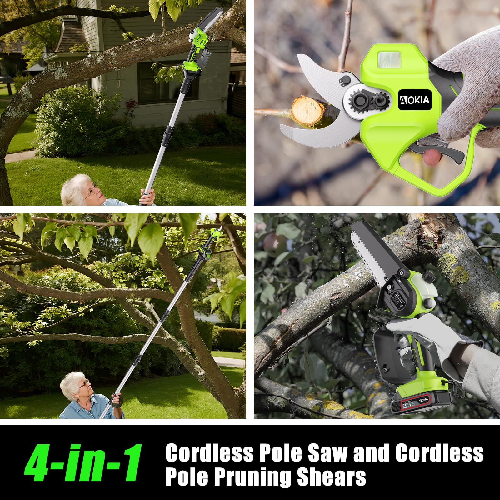 AOKIA 6 Zoll Mini Kettensäge mit Teleskopstange & 33 mm Elektro Gartenschere, 4-in-1 Gartenwerkzeug Set mit 2 x 2000mAh Batterien, Maximale Reichweite bis 4,5 m, 30 ml Öltank