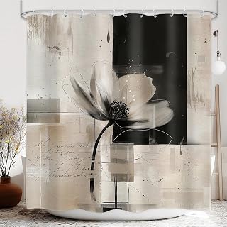 Abstract Flower Shower Curtain 72x72 Black Tan Bathroom Decor