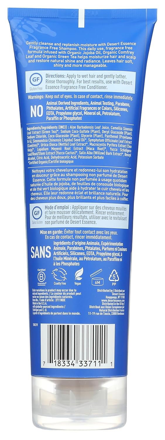 Desert Essence Organic Fragrance Free Shampoo - 8 fl oz - 2 Pack - Pure, Unscented - w/Aloe Vera, Jojoba Oil, Pro-Vitamin B5 - Calms, Soothes Sensitive Scalp - Nourishing, Revitalizing - No Parabens