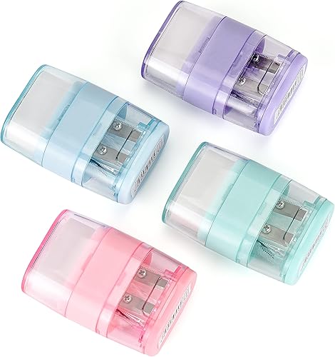 Miniatura 4 de 4 PCS Manual Pencil Sharpener with Eraser, Double Hole Multicolored Sharpener with Eraser Fun Stationery Back to School Supplies, Classroom Rewards,