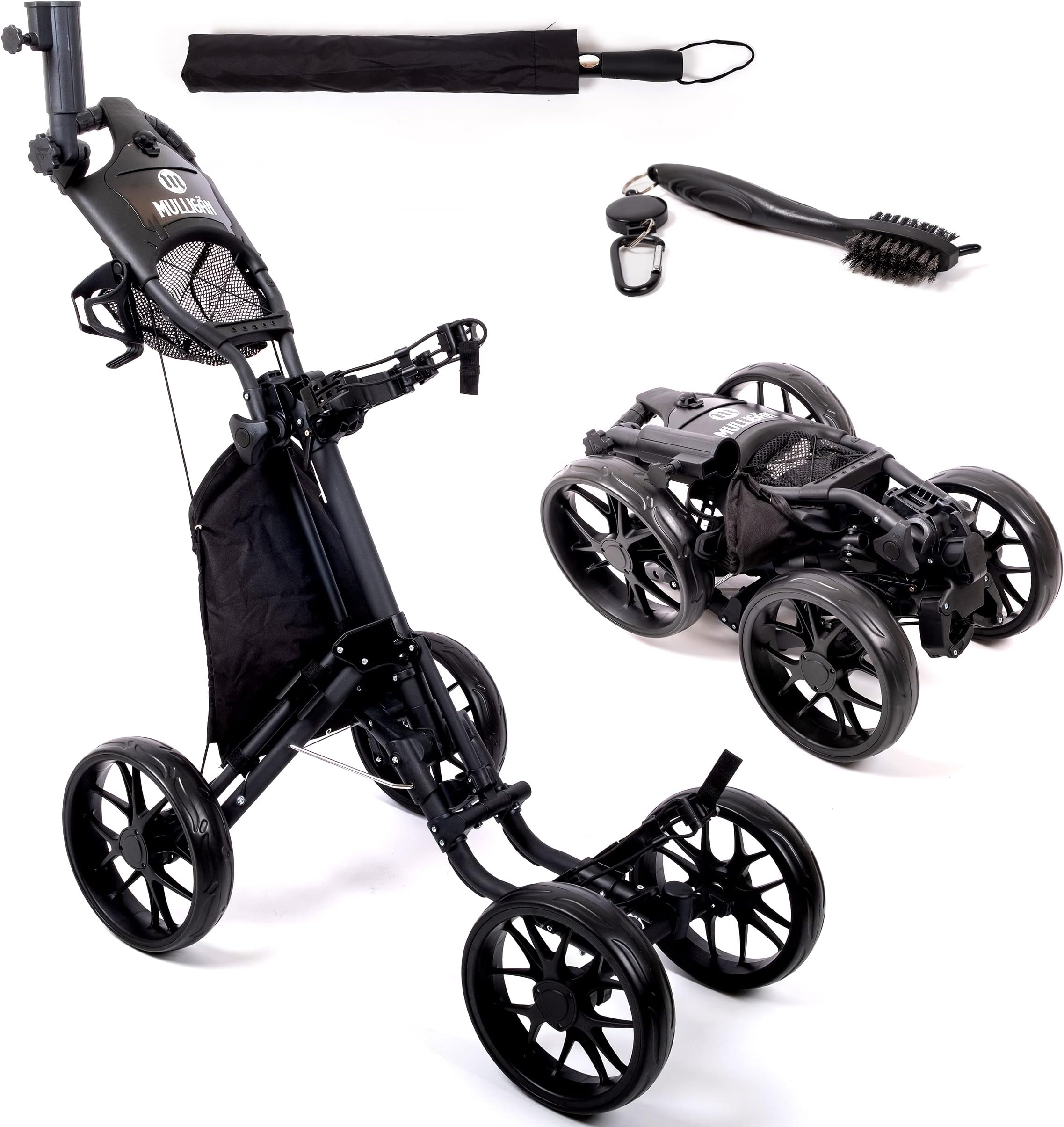 MULLIGÄN Golf Push Cart | 4 Wheel Golf Pull Cart + Extra Club Brush, Umbrella, Storage Cooler Bag & Drink Holder | Foldable Golf Caddy With Quick Release Wheels & Height-Adjustable Handle