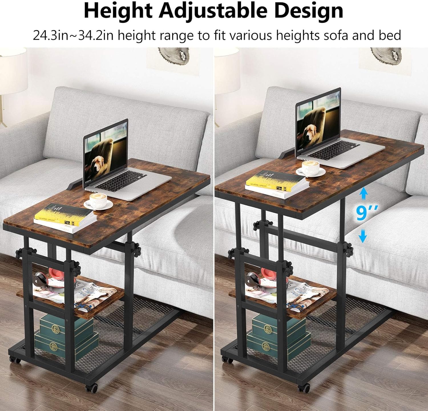 Tribesigns Height Adjustable C Table with Wheels, Mobile Couch Snack Side Table with Tiltable Drawing Board, Sofa Bedside Laptop Stand C Shaped TV Tray with Storage Shelves (Brown)