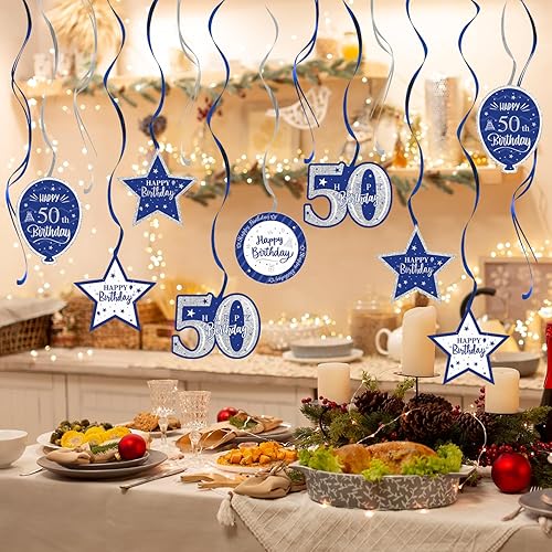Miniatura 7 de Decoración de fiesta de serpentinas con purpurina azul y plateada de feliz 50 cumpleaños, 15 piezas de remolinos colgantes para cumpleaños de 50