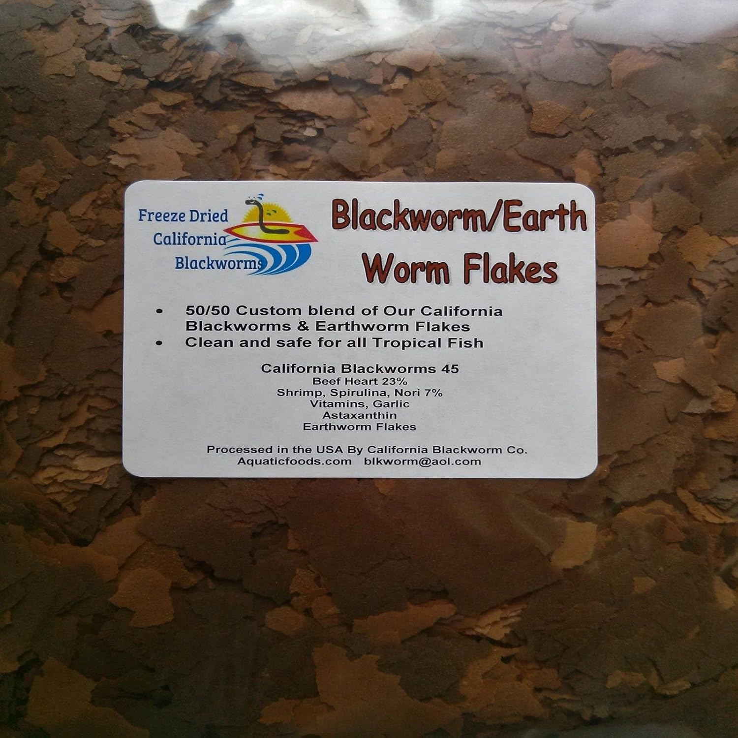 Aquatic Foods Inc. Flakes - 45% California Blackworm & Earthworm Flake Mix for Discus, Cichlids, Tetras, Guppies, Live Bearers, All Community Tropical Fish - Premium AF Flakes - 1/2-lbs